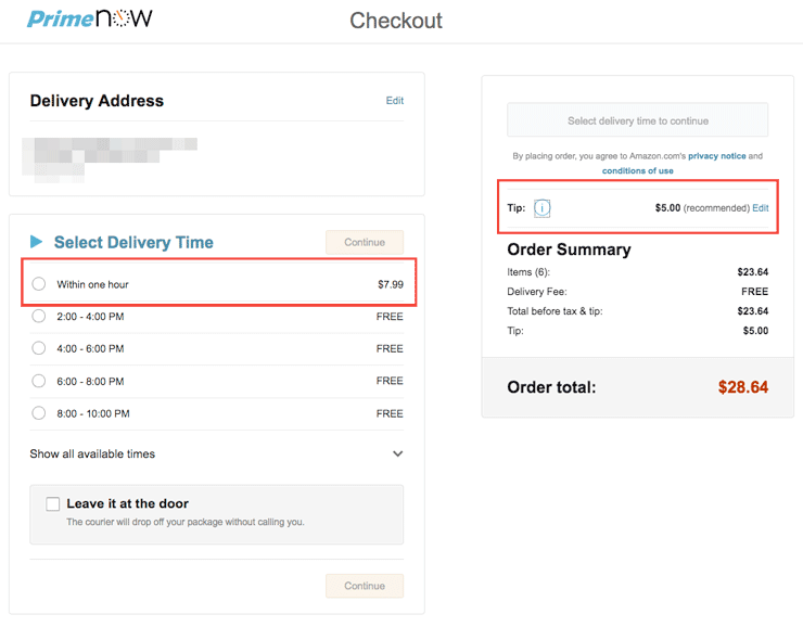 アマゾンプライムの配達時間、チップを選択する
