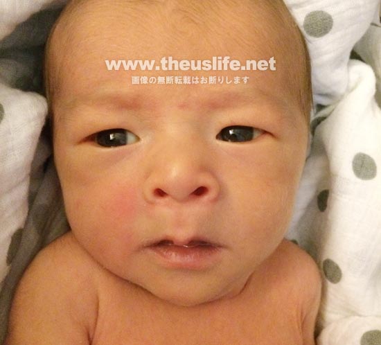 生後一週間の日米ハーフの一重まぶたの赤ちゃんの顔
