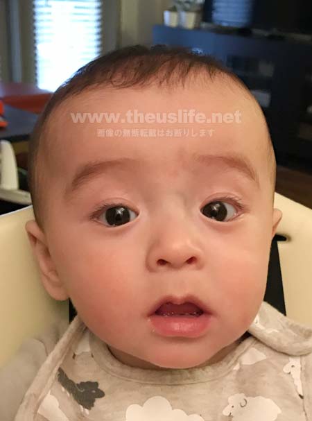 生後六ヶ月の日米ハーフの両目二重まぶたになった赤ちゃんの顔